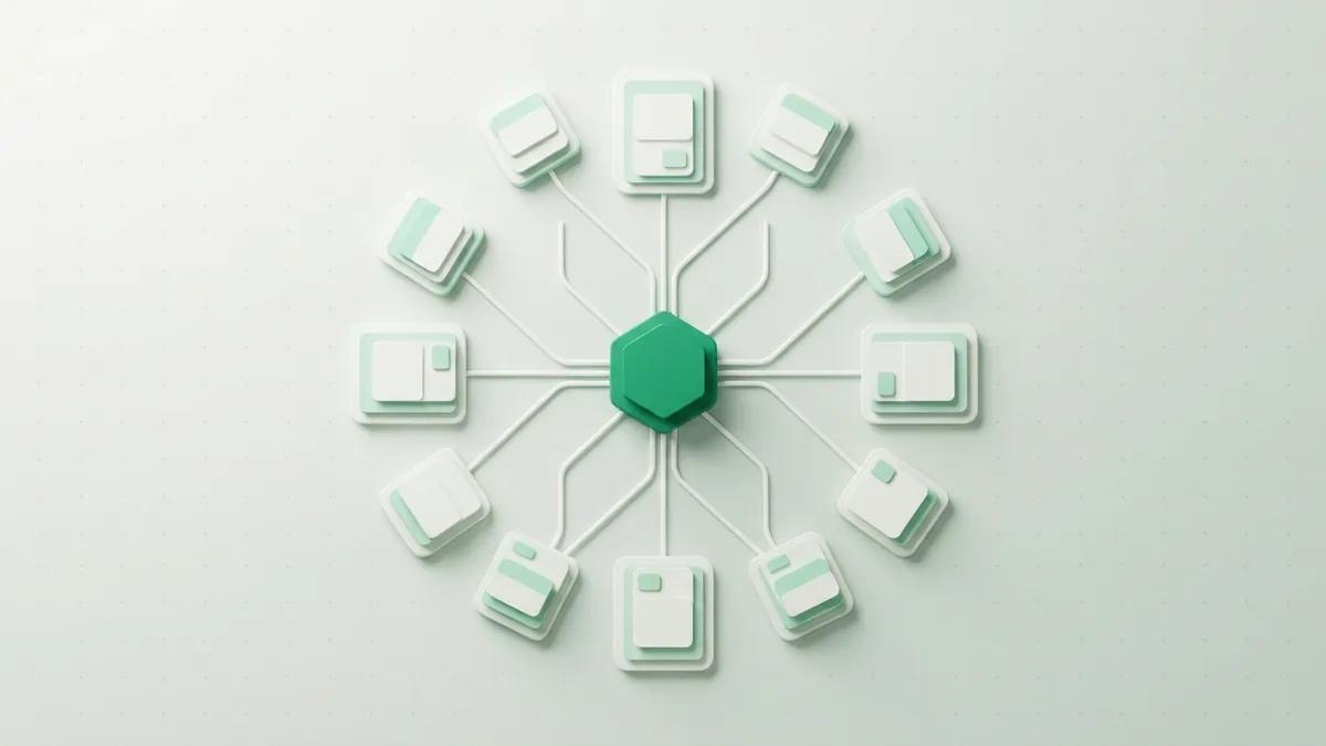 Layered ledger cards connected by paths for payment matching and record checks