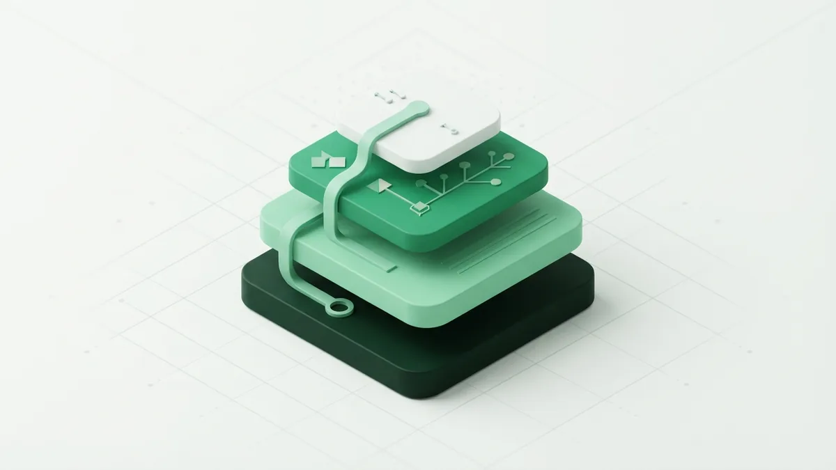Layered abstract payment workflow with connected green cards and smooth routing paths