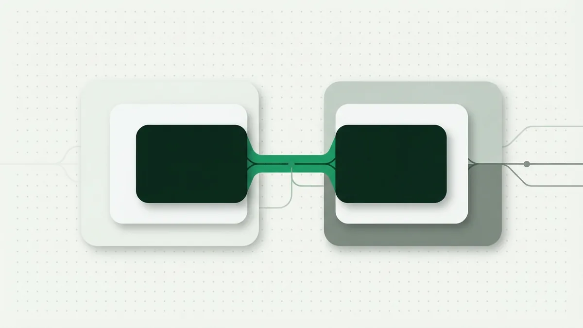 Abstract comparison of two connected payment service models in green and sage tones