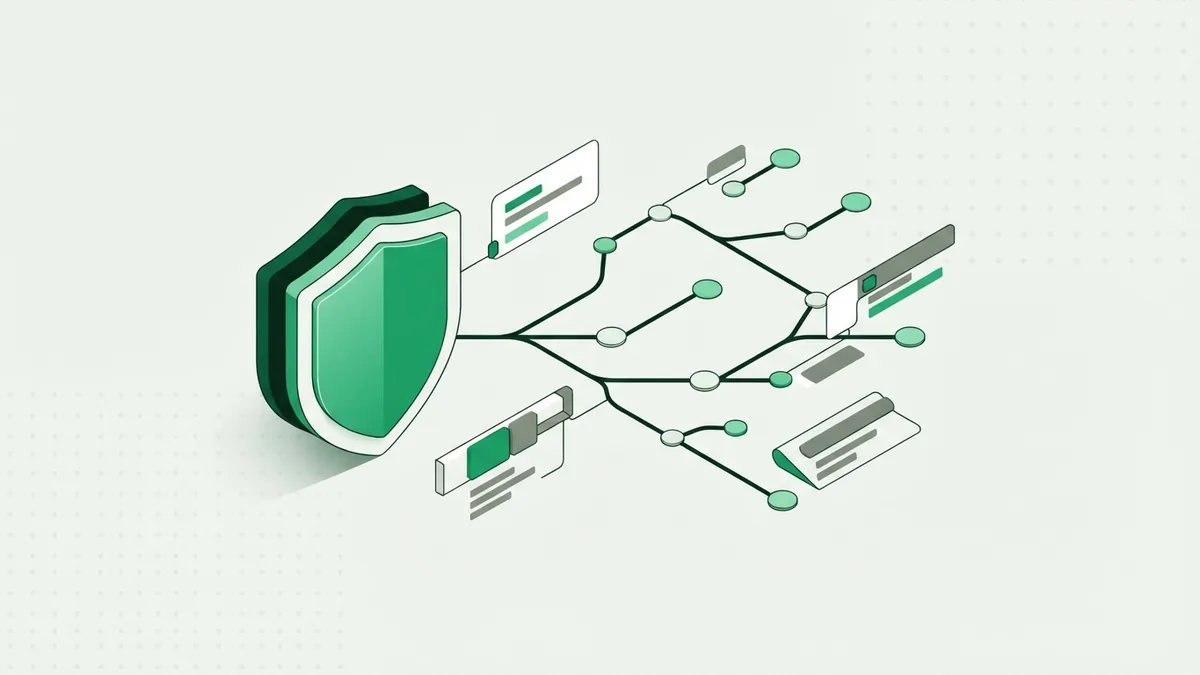 Abstract payment security shield beside branching green paths and network nodes