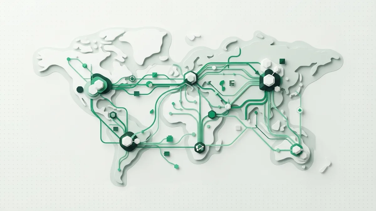 Abstract global payment network with connected regional hubs and cross-border paths