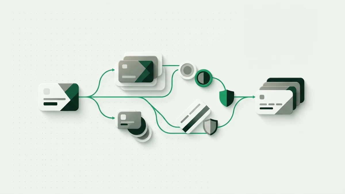 Personal support at each setup stage Layered green abstract cards linked by a path to suggest personal support during customer setup
