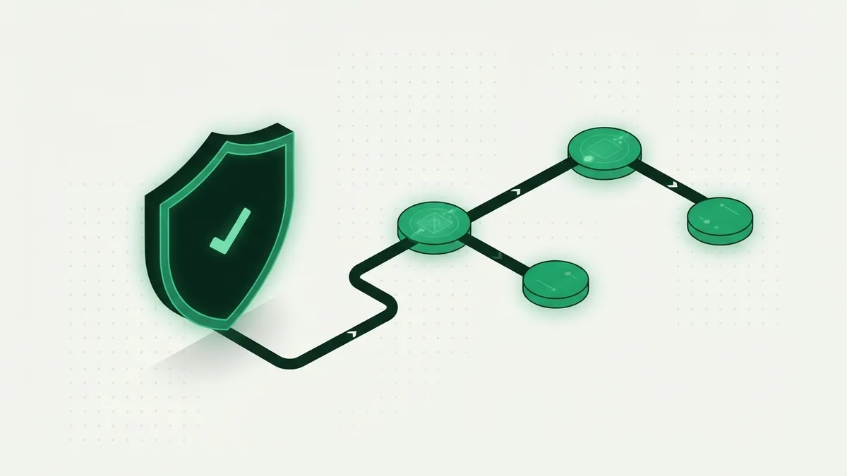 Careful checks with a clear path forward Abstract green shield and connected route representing careful merchant review and smoother progress