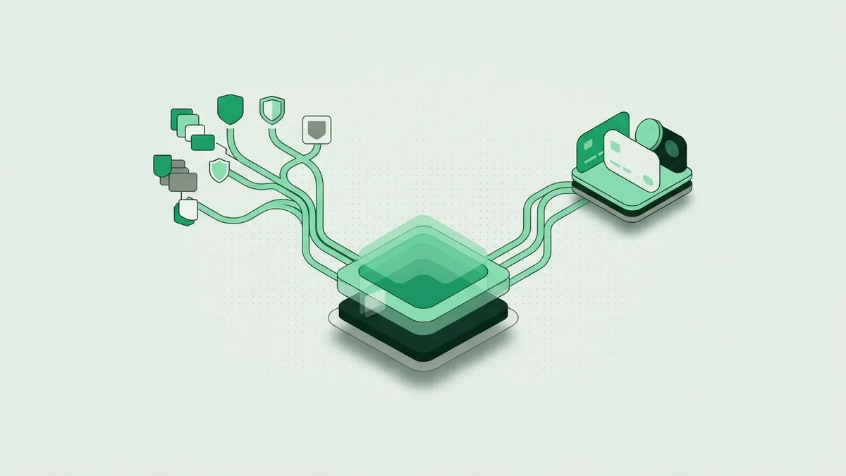 Abstract payment flow showing connected security checks and approval paths