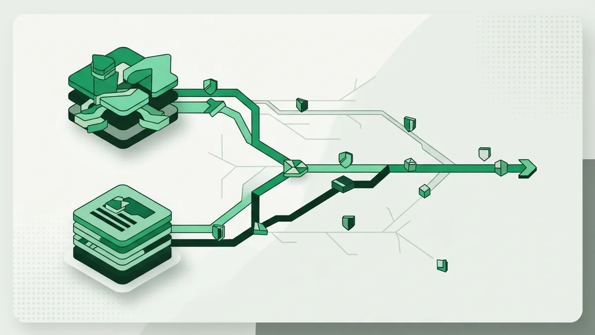Issuer and acquirer payment flow Abstract flow between issuer and acquirer nodes with secure payment paths in emerald tones